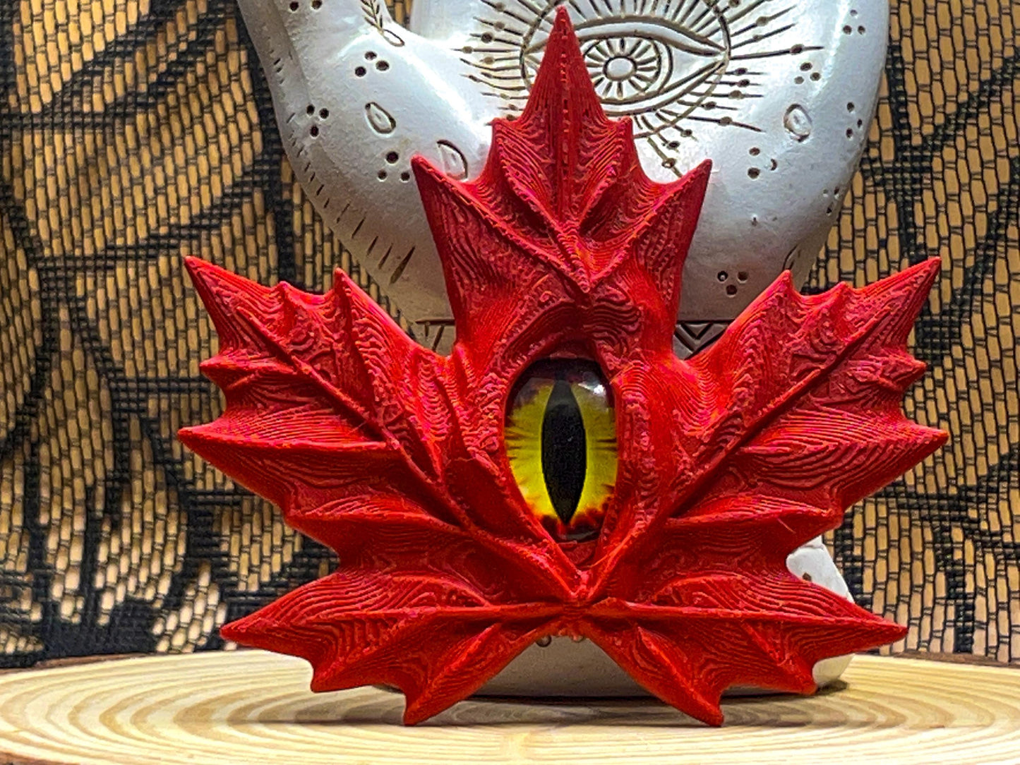 All-Seeing Eye Maple Leaf – 3D Printed Occult Decor – Mystical Gothic Forest Altar Figure