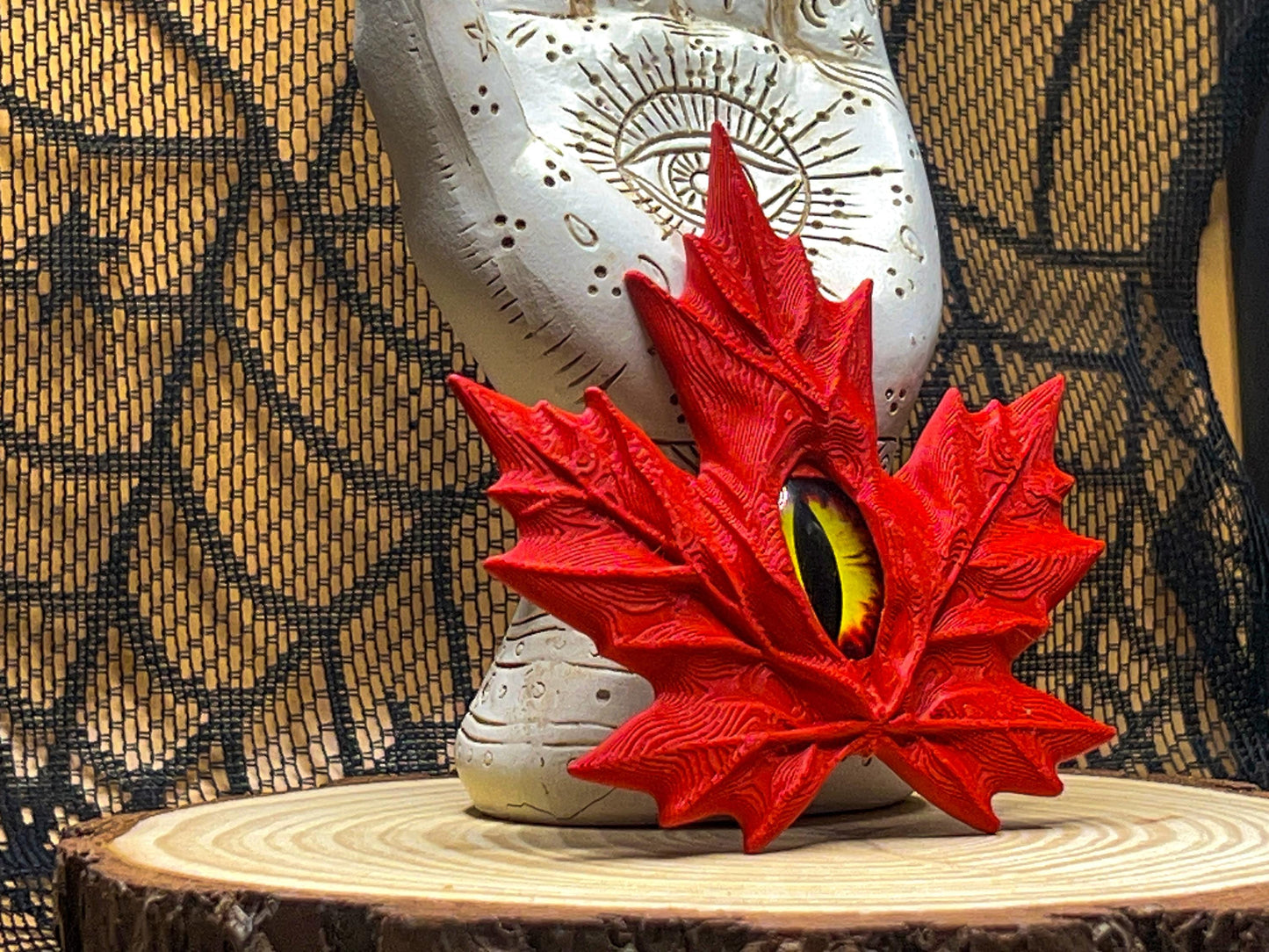All-Seeing Eye Maple Leaf – 3D Printed Occult Decor – Mystical Gothic Forest Altar Figure