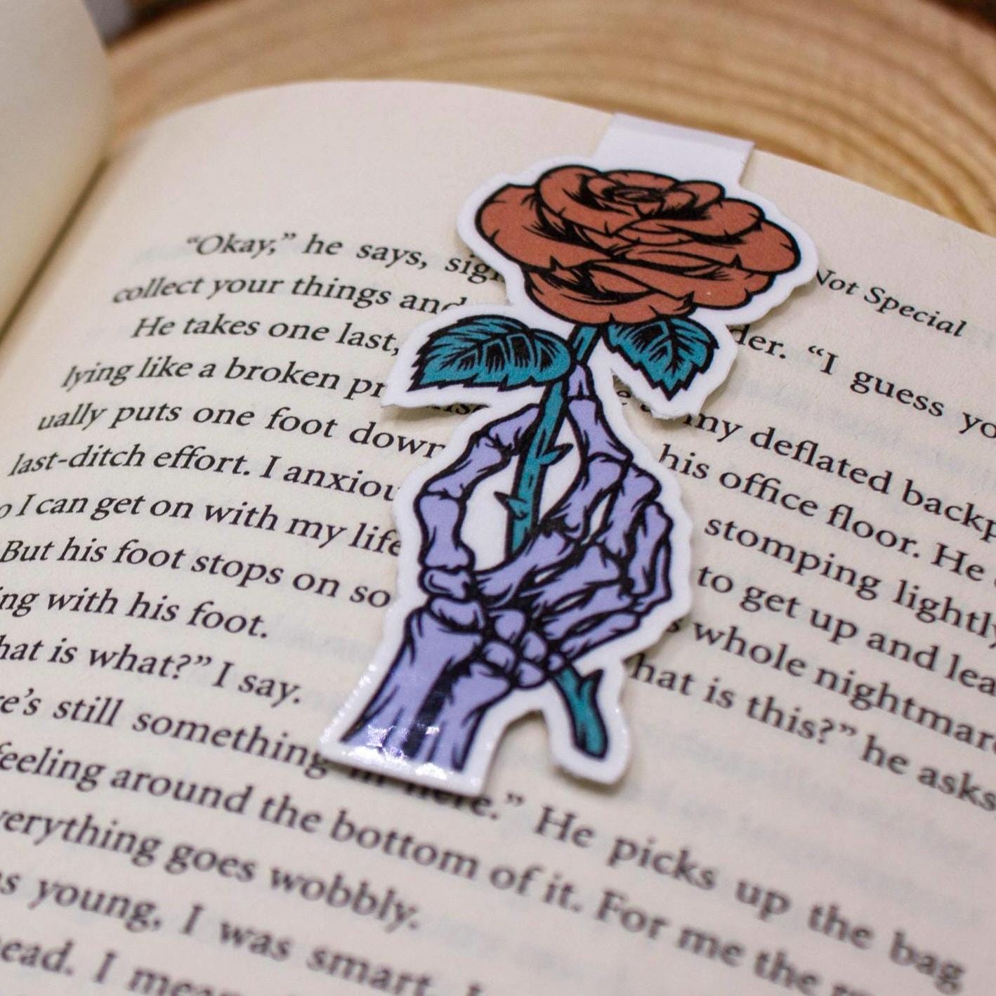Gothic Skeleton Hand and Rose Bookmark – Magnetic or Classic Paper | Spooky Floral Bookish Gift for Readers, Planners & Journals