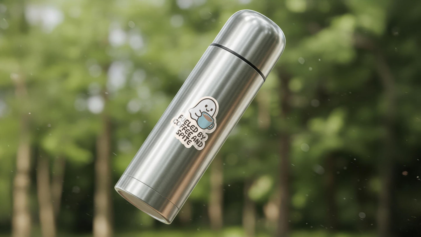 Fueled by Coffee and Spite Sticker β Funny Ghost Vinyl Sticker β Cute Coffee Lover Gift β Spooky Ghost Decal β Laptop, Water Bottle Sticker