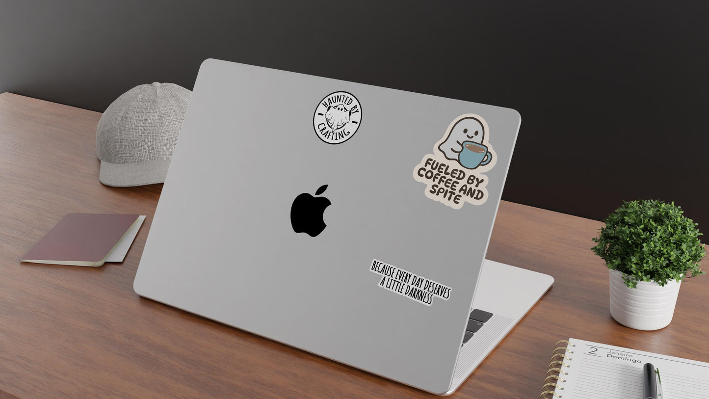 Fueled by Coffee and Spite Sticker β Funny Ghost Vinyl Sticker β Cute Coffee Lover Gift β Spooky Ghost Decal β Laptop, Water Bottle Sticker