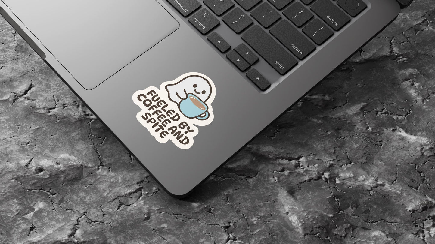 Fueled by Coffee and Spite Sticker β Funny Ghost Vinyl Sticker β Cute Coffee Lover Gift β Spooky Ghost Decal β Laptop, Water Bottle Sticker
