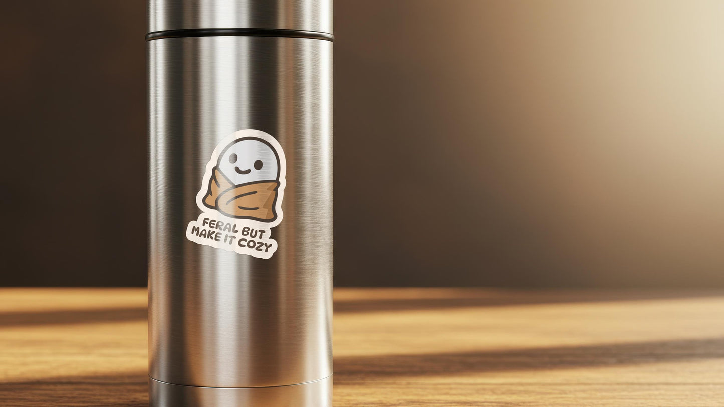 Feral But Make It Cozy Ghost Sticker – Cottagegoth Ghost in Blanket Vinyl Decal – Spooky Cute Laptop Sticker