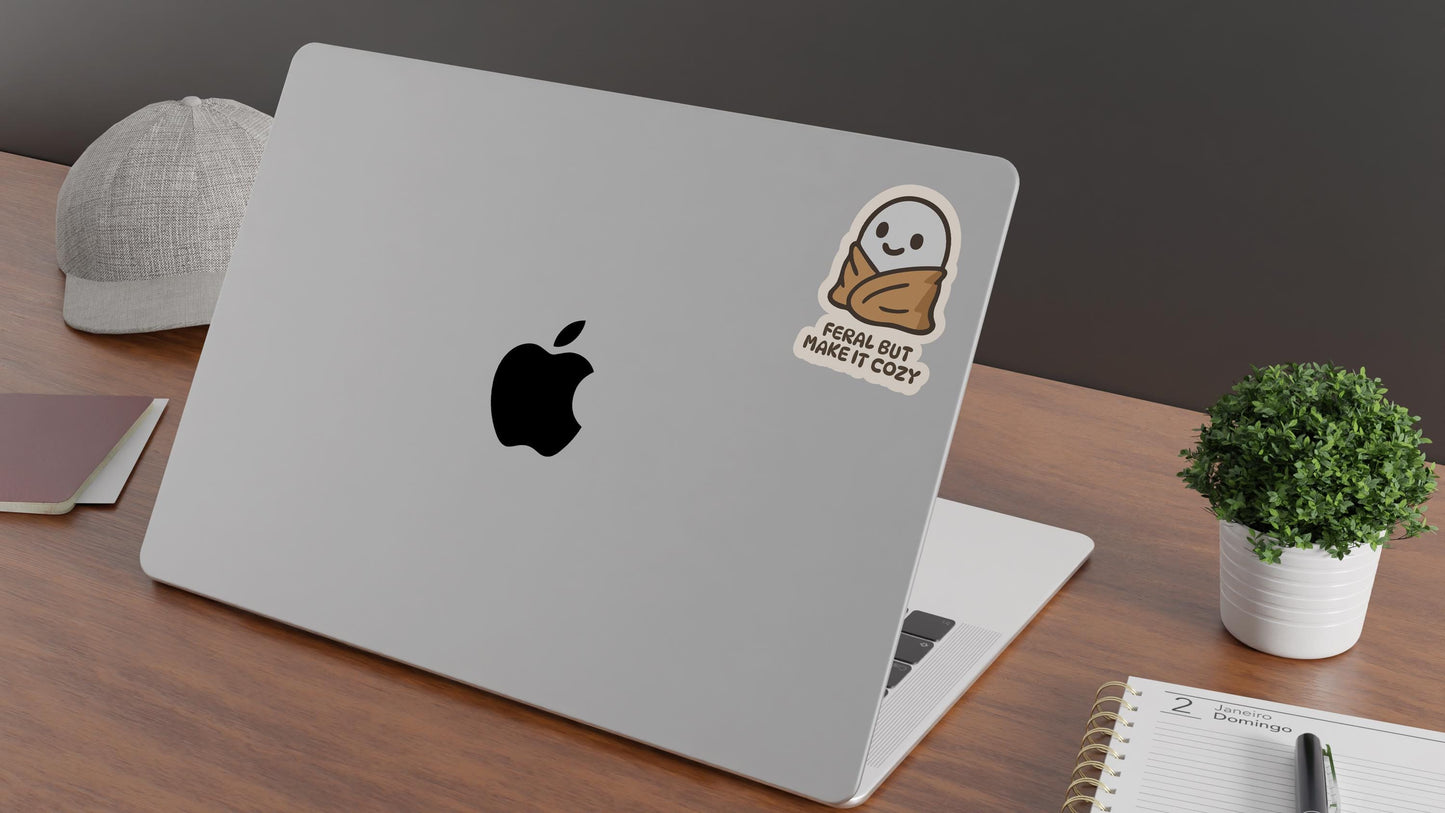 Feral But Make It Cozy Ghost Sticker – Cottagegoth Ghost in Blanket Vinyl Decal – Spooky Cute Laptop Sticker