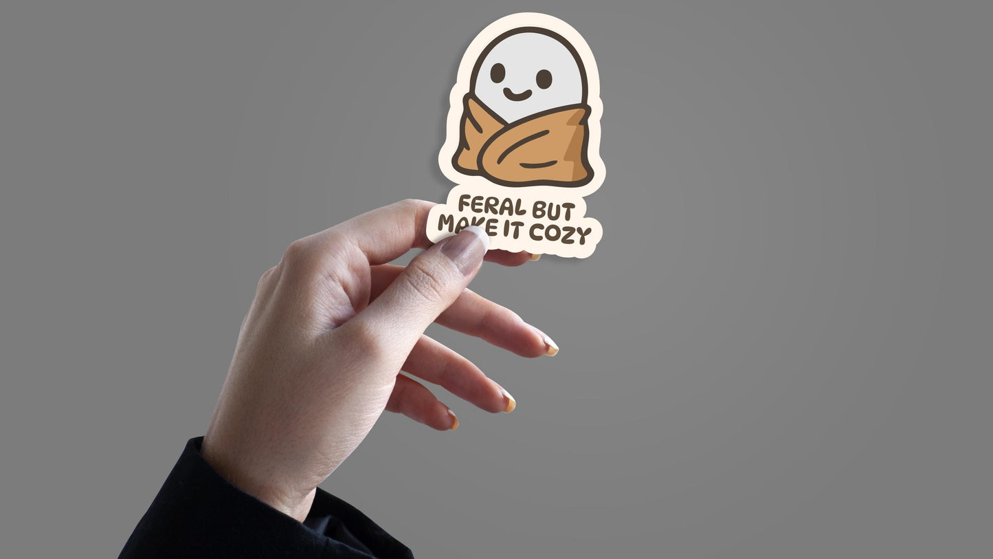 Feral But Make It Cozy Ghost Sticker – Cottagegoth Ghost in Blanket Vinyl Decal – Spooky Cute Laptop Sticker