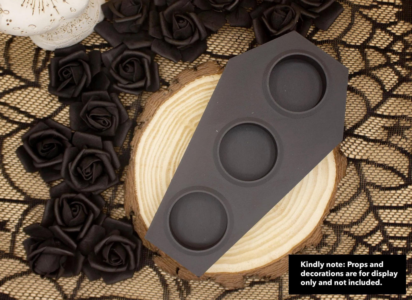 Gothic Home Decor Bundle: Skull Tealight Holder, Coffin Tray, Crow Ornament - Spooky Macabre Set
