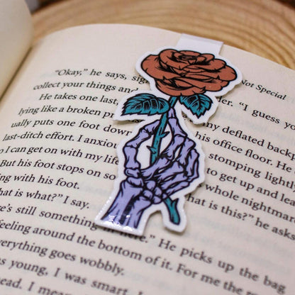 Gothic Skeleton Hand and Rose Bookmark – Magnetic or Classic Paper | Spooky Floral Bookish Gift for Readers, Planners & Journals