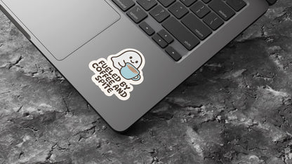 Fueled by Coffee and Spite Sticker – Funny Ghost Vinyl Sticker – Cute Coffee Lover Gift – Spooky Ghost Decal – Laptop, Water Bottle Sticker