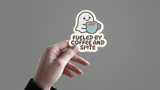 Fueled by Coffee and Spite Sticker – Funny Ghost Vinyl Sticker – Cute Coffee Lover Gift – Spooky Ghost Decal – Laptop, Water Bottle Sticker